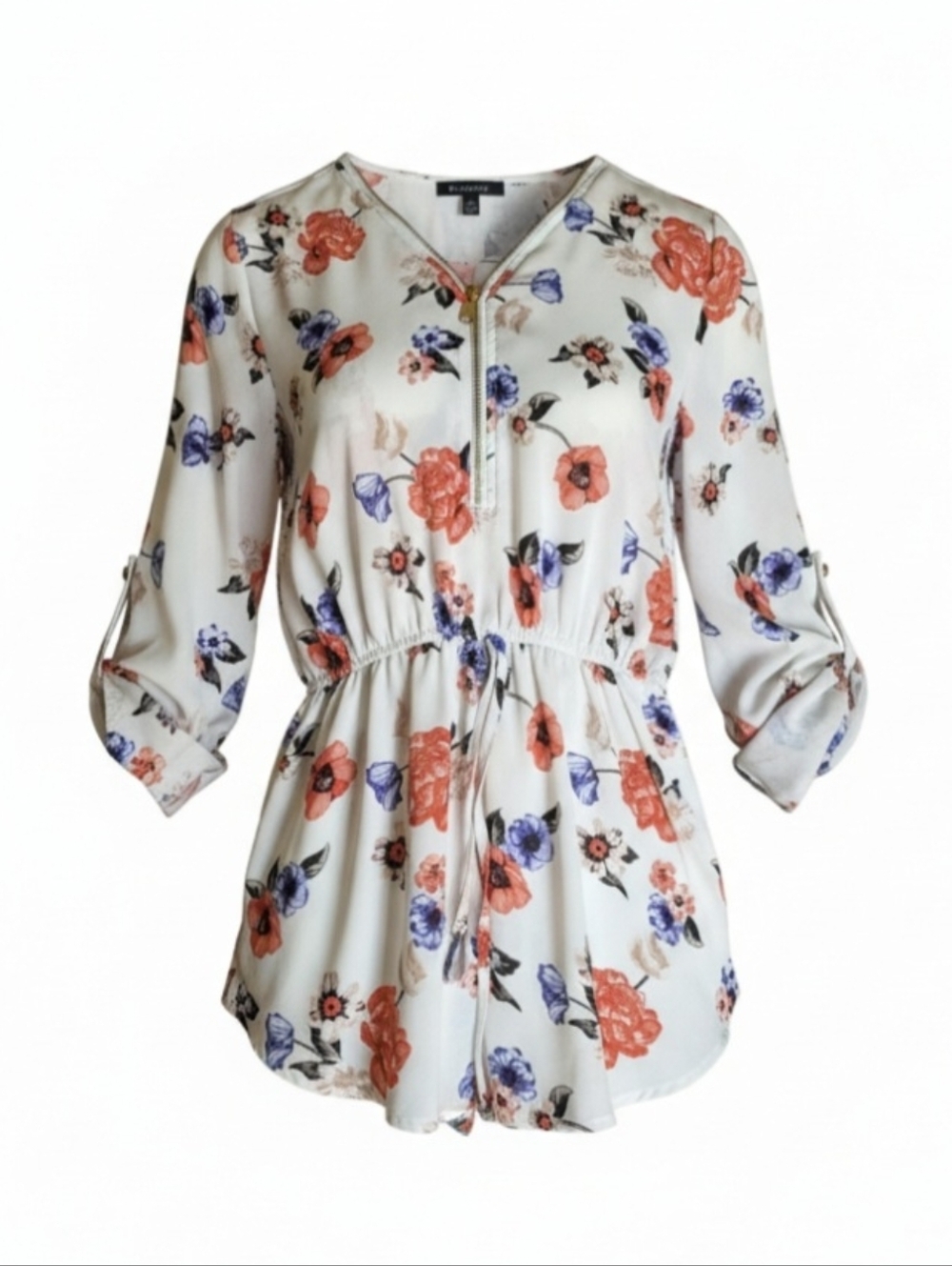 Rue21 Cream Floral Drawstring Tunic with Coral & Purple Blooms